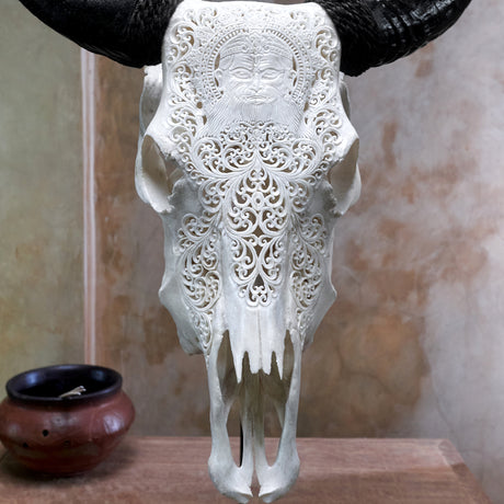 Hand Carved Cow Skull - White Hanuman