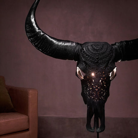 Hand Carved Buffalo Skull - Matte Black Boho