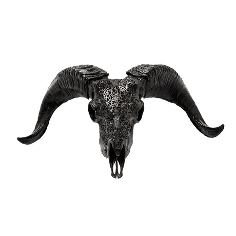 Hand Carved Ram Skull - Black Sun