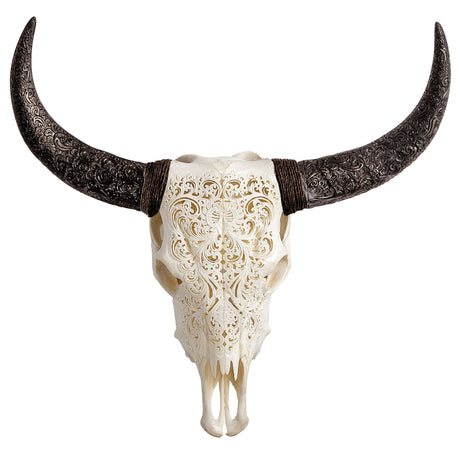 Hand Carved Cow Skull - White Flower
