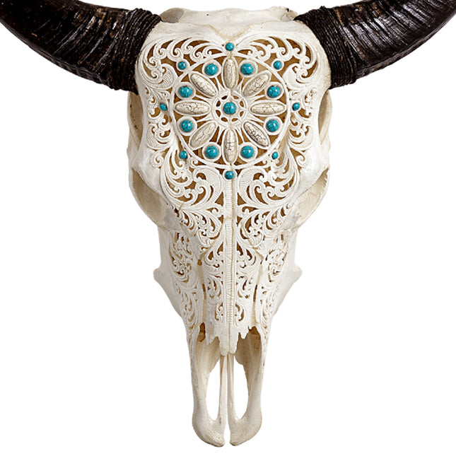 Hand Carved Cow Skull - Turquoise Dreaming