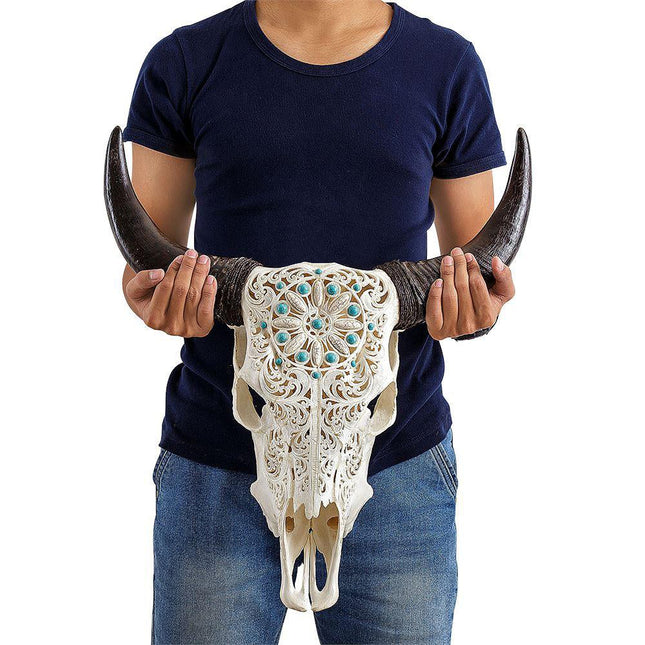 Hand Carved Cow Skull - Turquoise Dreaming