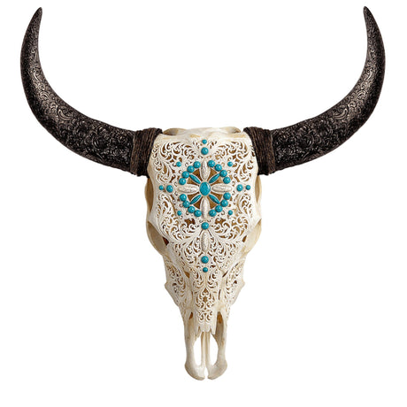 Hand Carved Cow Skull - Turquoise Compass