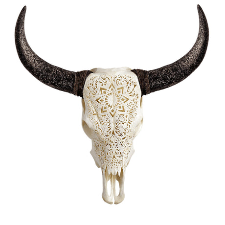 Hand Carved Cow Skull - White Mandala