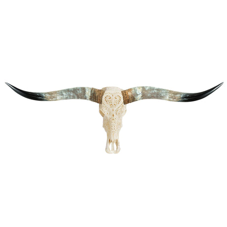 Hand Carved Longhorn Skull - White Heart