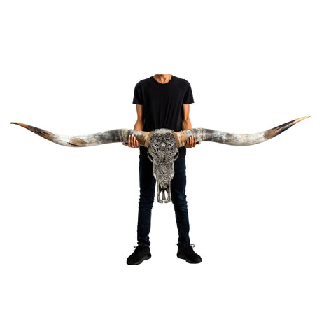 Hand Carved Longhorn Skull // XL Horns - Gray Mandala