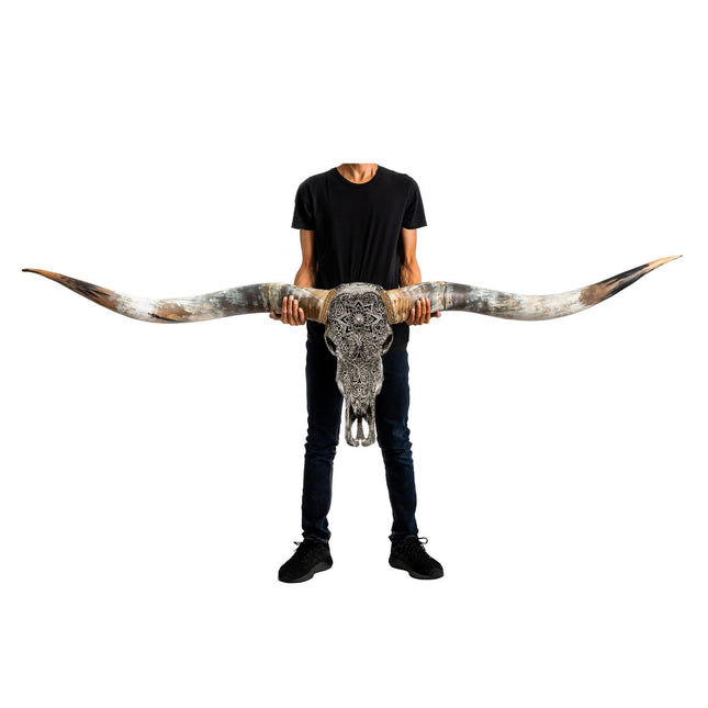 Hand Carved Longhorn Skull // XL Horns - Gray Mandala