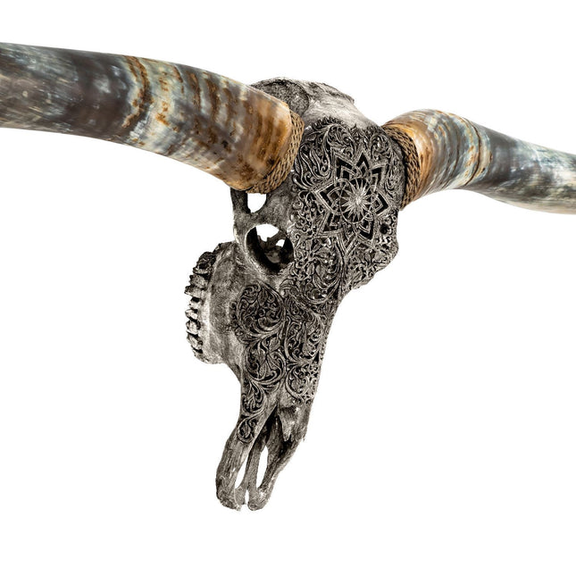 Hand Carved Longhorn Skull // XL Horns - Gray Mandala