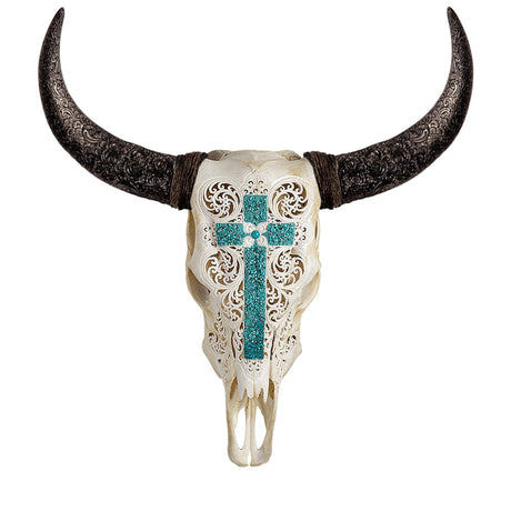 Hand Carved Cow Skull - Turquoise Cross