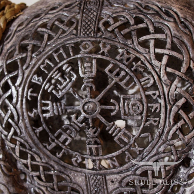 Hand Carved Longhorn Skull - Gray Vegvísir – Skull Bliss